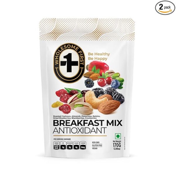 WHOLESOME FIRST |BREAKFAST MIX | 170G | BREAKFAST | RAISINS | CASHEWS | ALMONDS | PISTACHIOS | ALL NATURAL | NO ADDED | VEGAN | HEALTHY & NUTRITIOUS SNACK